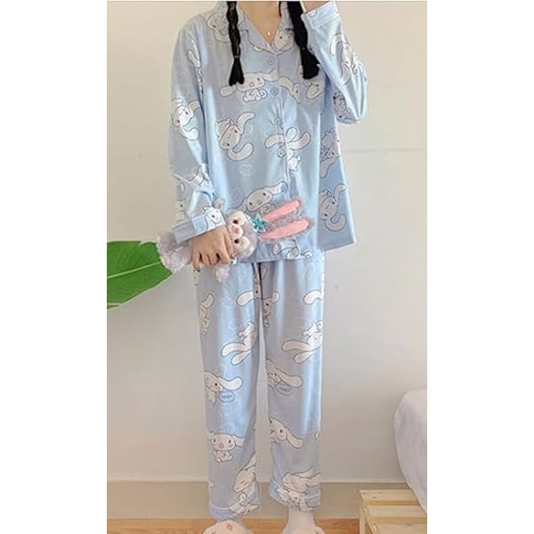 Kawaii Tegneserie Pyjamas til Kvinner og Jenter - Langærmet Skjorte med Pyjamasbukser - Soveklær - Hjemmetøy - 2-delt Pyjamassett Cinnamoroll L