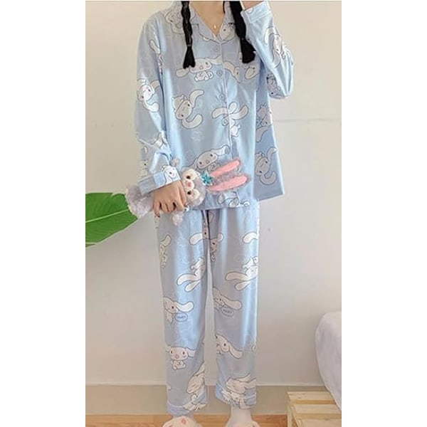 Kawaii Tegneserie Pyjamas til Kvinner og Jenter - Langærmet Skjorte med Pyjamasbukser - Soveklær - Hjemmetøy - 2-delt Pyjamassett Cinnamoroll L