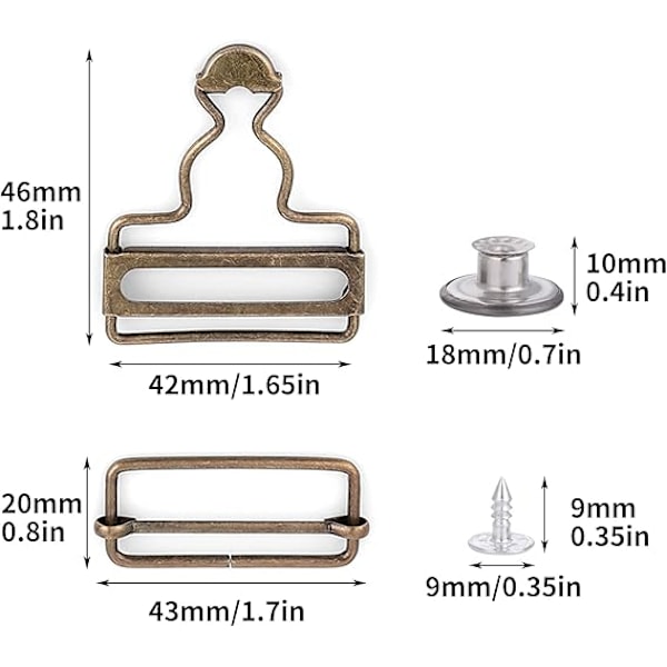 6 sett metallspenne for bukseseler med rektangulære skyvefester for seler, belter, vesker, jakker, arbeidsklær