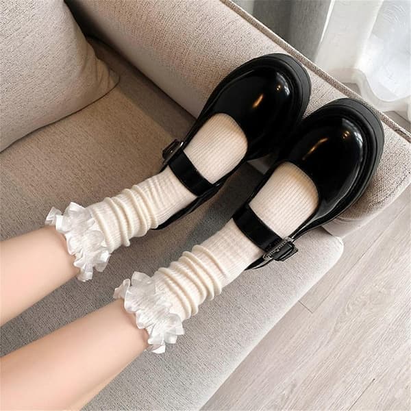 Dame Bomulds Ankelstrømper Prinsesse Strømper Flæsebesatte Crew Strømper Mellem Tube Strømper Søde Booties Strømper JK Studenter Strømper Black