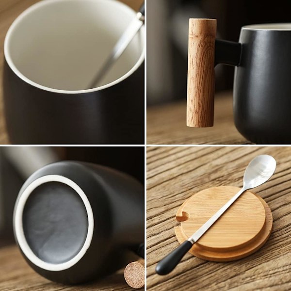 Keramisk kaffemugg Kaffe Te-kopp med lock och sked, Mjölkkopp Drickkoppar för män, kvinnor, Thanksgiving, jul, födelsedag (svart)