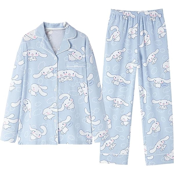 Kawaii Tegneserie Pyjamas til Kvinner og Jenter - Langærmet Skjorte med Pyjamasbukser - Soveklær - Hjemmetøy - 2-delt Pyjamassett Cinnamoroll XL