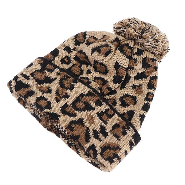 Stickad Mössa 1st Khaki Beanieluva med Leopardberlock för Vintervärme Khaki 23*20*0.5cm