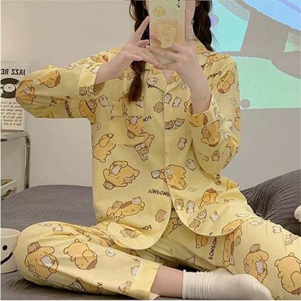 Kawaii Tegneserie Pyjamas til Kvinner og Jenter - Langærmet Skjorte med Pyjamasbukser - Soveklær - Hjemmetøy - 2-delt Pyjamassett Pom Pom Purin XL