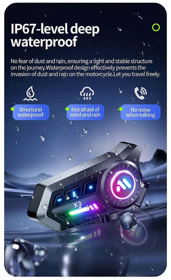 X3 Motorcykelhjälm Bluetooth 6.0 Headset, IP67 Vattentäta Motorcykelhjälmhögtalare med Röstassistent Hard Microphone