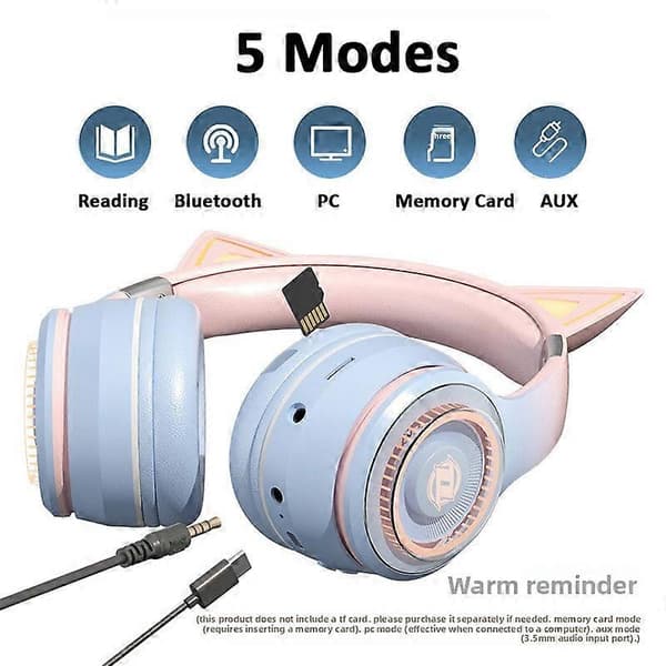 Bluetooth-hörlurar med mikrofon, trådlösa over-ear-hörlurar med kattöron och LED Blue