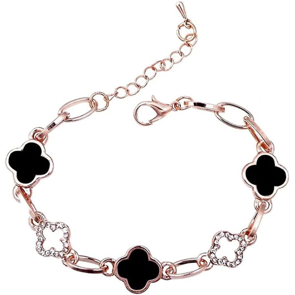 Dam Armband med fyrklöver med diamanter, roséguldpläterad, armband i legering med fyrklöver strass - 19+5cm