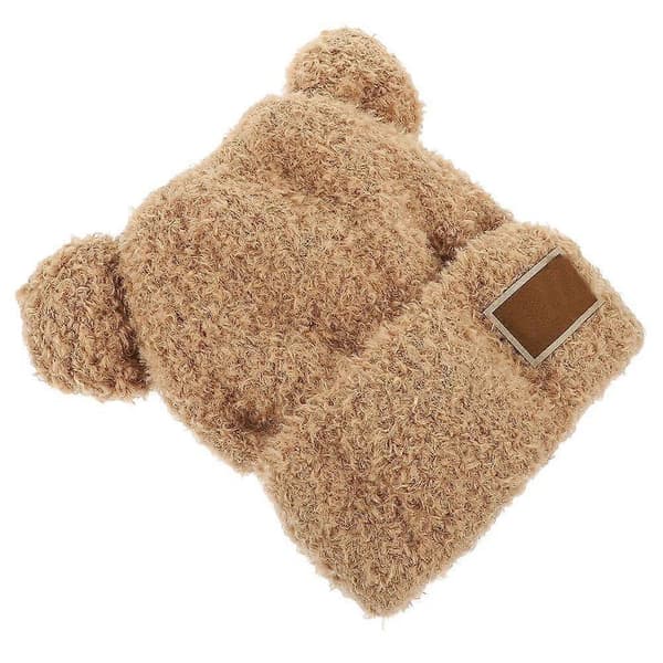 Stickad Mössa Djurmössa Öronmössa Söt Björn Stickad Varm Mössa Vintermössa Coffee 22X21cm