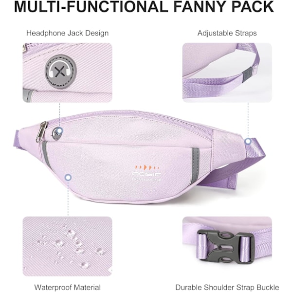 Liten Fanny Packs Vanntett belteväske for kvinner Crossbody Fanny Pack med hodetelefonuttak for løping Reise Fotturer Lett ryggsekk Lilla