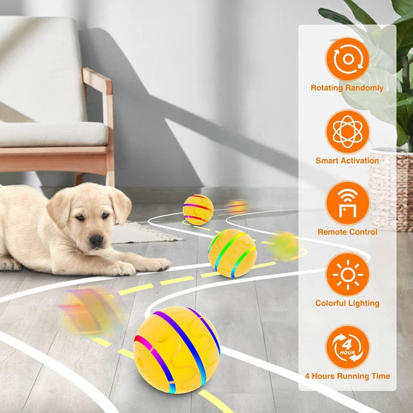 Aktiv rullende ball for hunder, fjernkontroll hundeball, interaktiv hundeleke, aggressiv tyggeleke, animert kjæledyrball for hunder rosa Yellow
