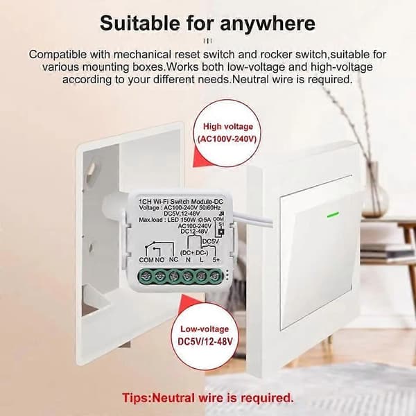 Tuya Smart Tørkontakt Switch Modul Tuya WiFi Smart Switch Modul DC5V/12-48V AC110-240V Kompatibel Alexa Google Alice Blanc