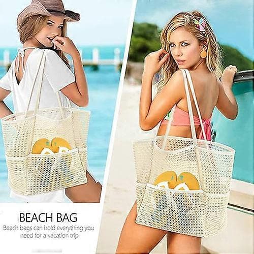Mesh strandtaske med lynlåslomme, stor mesh mulepose til kvinder, afslappet skuldertaske til sommer Beige