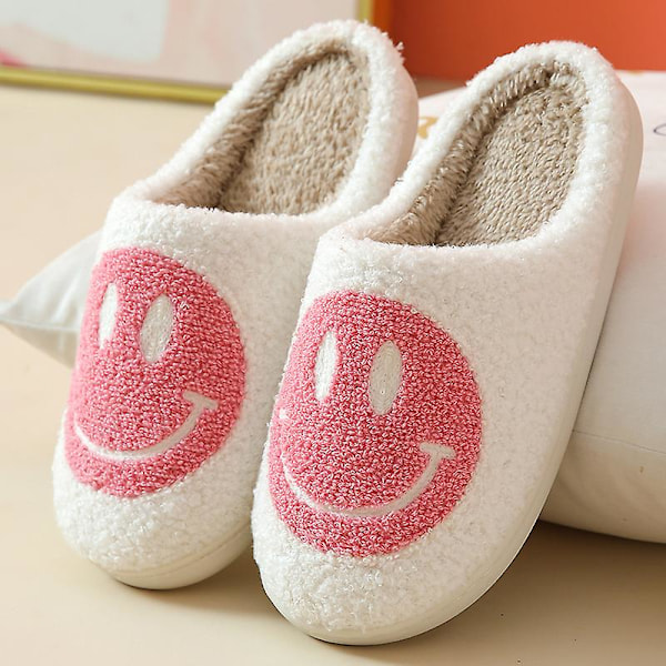 Smiley Hairy Couple Bomulds Slippers Søde Tykke Bund Tegneserie Anti-slip Kvindelige Modeller Pakke Hæl Slippers red 37-38