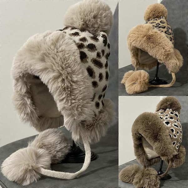 Handstickad Leopardmönstrad Mössa Varm Ullstickad Hatt Flätad Stickad Hatt Utomhustrend Casual Varm Hatt Höst Vinter Rosa Khaki