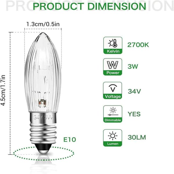E10 34V 3W Candle Bulbs, 7-Pack; Replacement Bulbs, 30 Lumens Warm White Light 2700K, 10-Pack.