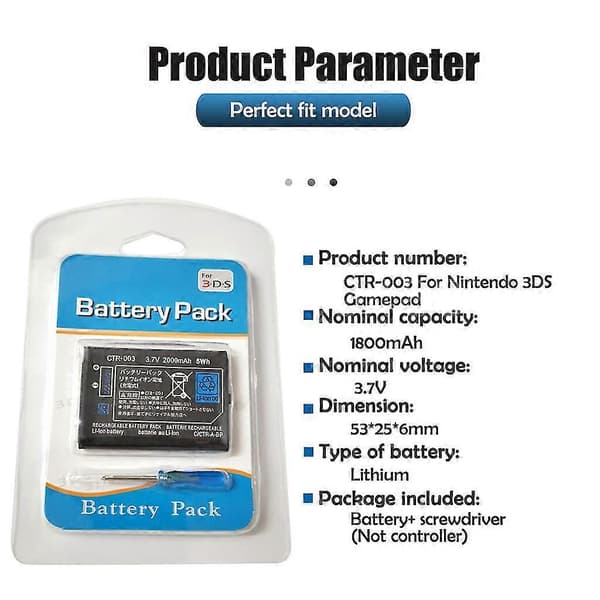 3,7V 2000mAh oppladbart litium-ion-batteri med verktøysett for 3DS
