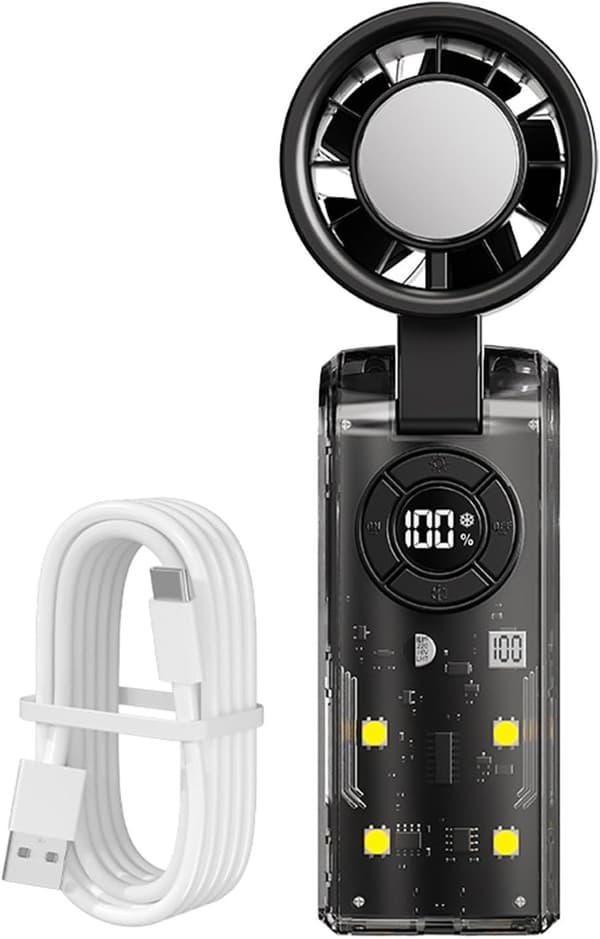 Stilfuld bærbar ventilator, USB genopladelig, 3600 mAh batteri, foldbar