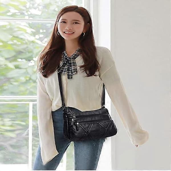 Vattenmjuka PU-läderväskor och axelväskor för kvinnor Crossbody-väska Cross Body Messenger-väskor Black T1