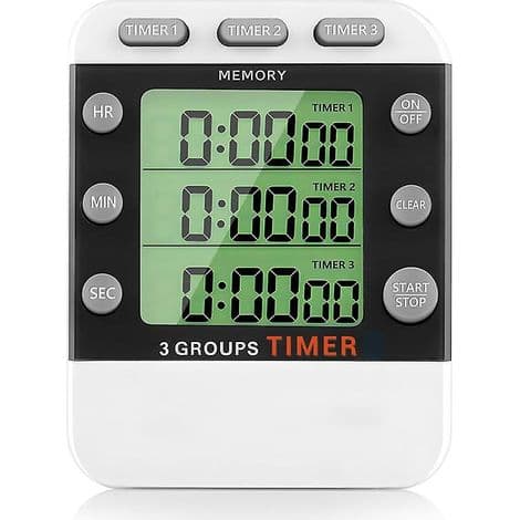 3-kanals timer med nedräkning/snabbspolning framåt, trippel koktimer, display, högljutt larm