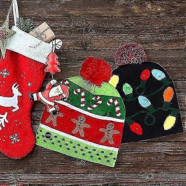 2-pack Julhatt med LED-ljus, Varm Vintermössa, LED Julstickad Mössa Dekorativa Horn Stickad Mössa Vintermössa Varm Mössa B