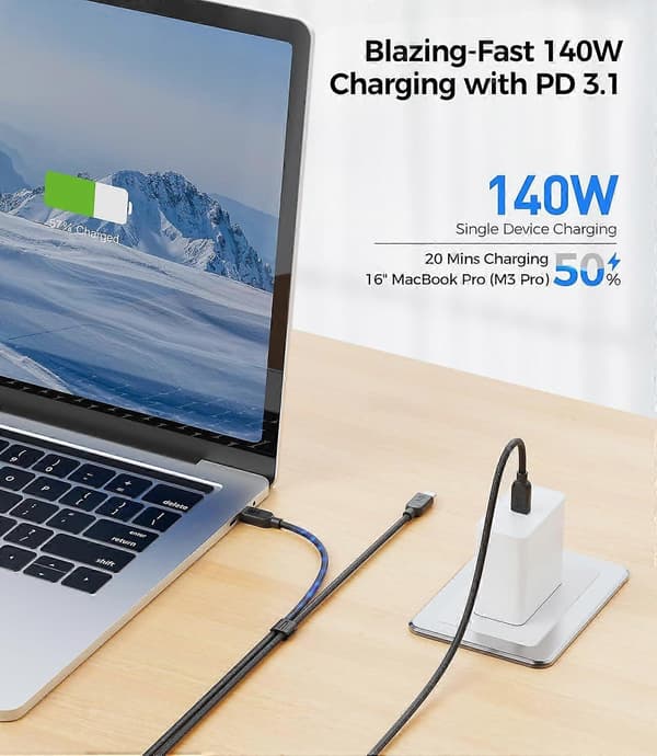 Flettet 2-i-1 USB C til USB C-kabel - 1,8 m, 140W Smart strømfordeling til