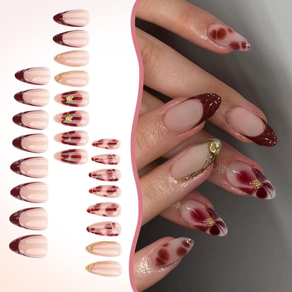 Sæt med 24 røde kunstige negle til fransk manicure, korte mandelformede negle