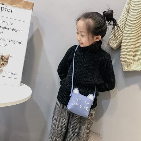 Söt liten axelväska för flickor, handväska, prinsessväskor, kattväska Blue