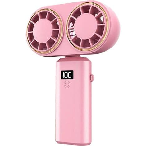 Bærbar USB genopladelig ventilator, dobbelt ventilator, digitalt display, genopladeligt batteri, pink