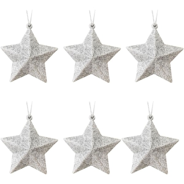 6 st silverstjärnor julgranshängande prydnader med snöre, glitterprydnader för julgransdekoration, silverglitterstjärna 7 cm
