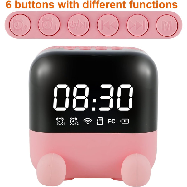 Vekkerklokke med Bluetooth-høyttaler og FM-radio, oppladbar, med 1400 mah batteri og stor LED-skjerm (rosa)
