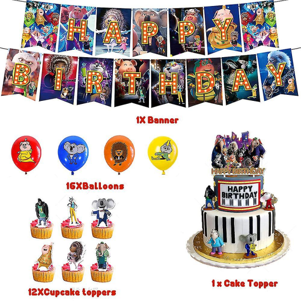 Sing 2 Syntymäpäiväjuhlakoristeet Sarjakuvaaiheiset kakunpäälliset bannerit set