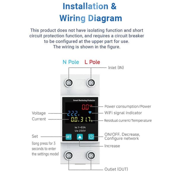 2X ZigBee TUYA Smart Life 2P/63A vikavirtasuojakytkin ylijännite- ja alijännitesuojalla White