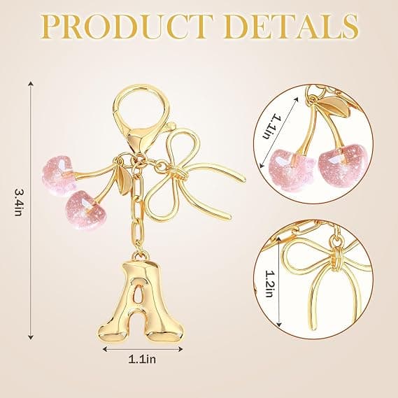Bokstaven A berlock med rosett och körsbär, söt handväskaccessoar (rosa version)