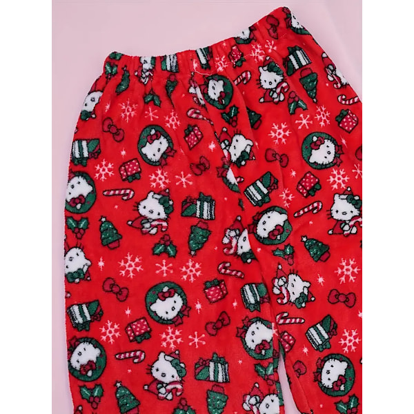 Cartoon KT katt pyjamas tjocka damer höst och vinter plus sammet varm fritids hem graffiti flanell byxor red L