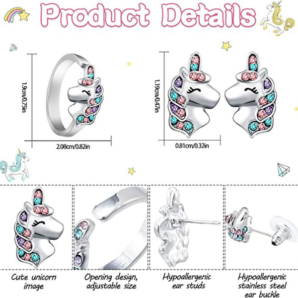 4 st flicksmyckesset Enhörning Sjöjungfru Halsband Armband Set och Örhängen Ring med Presentask Smycken Presentset Födelsedagspresent