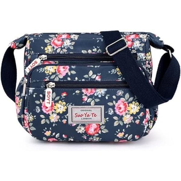 Dam Multi-Pocket Casual Crossbody Handväskor Vattentäta Nylon Axelväskor (Blommig-Marinblå)