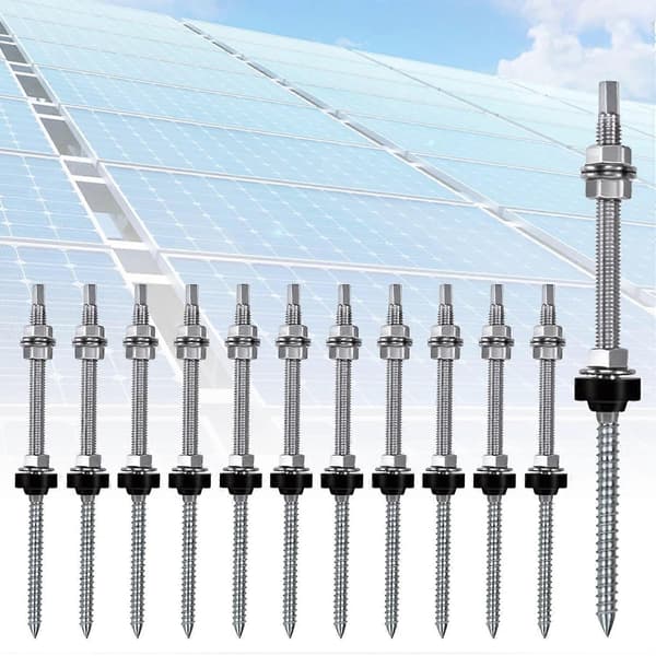 Dubbelskruvar, M10 x 200 mm, förmonterade, V2A, höjdjusterbara, för solcellsmontering på tak, 8-pack Silver