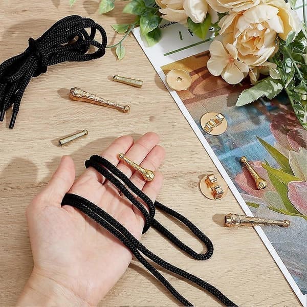 Bolo Tie Finding Kit, Silver Bolo Tie Tip Buckle Replacement with Cord End 3Pcs Round Slides Pack 3 Strands Nylon Cord A Gold