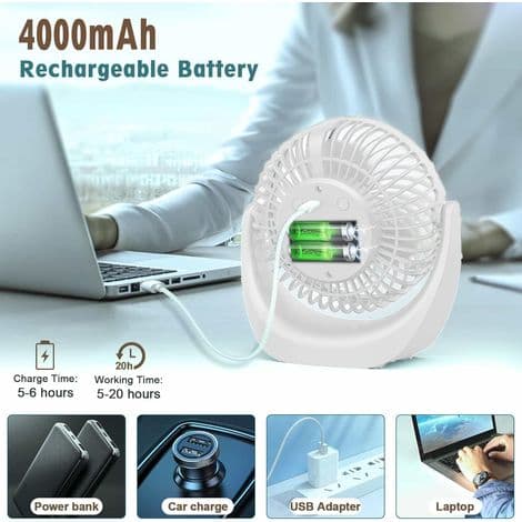 5-trinns USB-bordvifte + nattlys. Stillegående, oppladbart batteri, avtakbare blader.