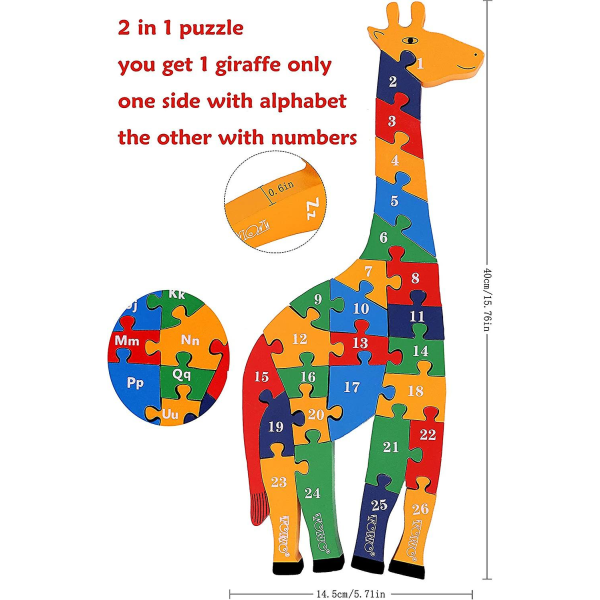 Trä giraff Alfabetblock och sifferblock Pussel 41 Cm Stor storlek 2 i 1 Abc Nummerpussel - Träbokstavsblock Pussel Nummerpussel