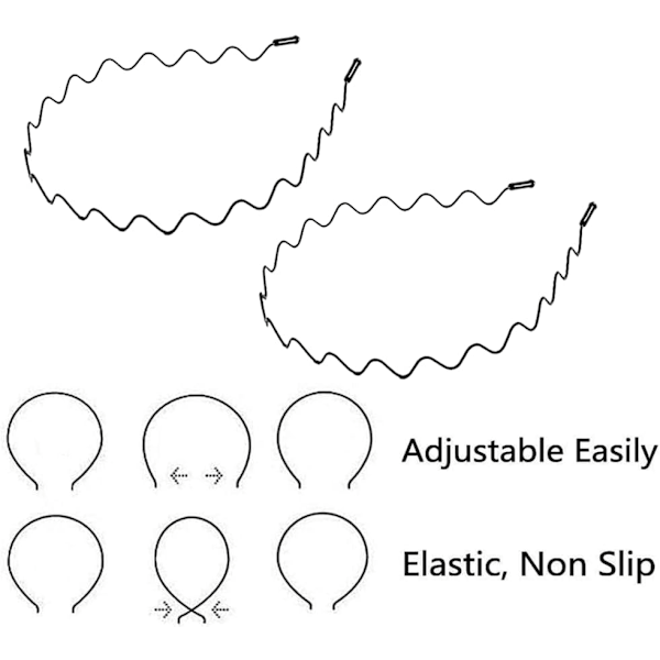 2 stk. metallhårbånd, bølgehårbånd, unisex sklisikker elastisk hårbånd, for utendørs, sport, yoga, sminke