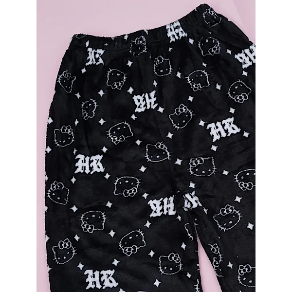 Cartoon KT katt pyjamas tjocka damer höst och vinter plus sammet varm fritids hem graffiti flanell byxor black M