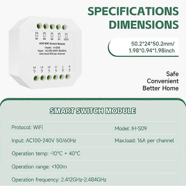 4CH WiFi Switch Modul AC100-240V Smart Switch Modul Smart Life App Fjernbetjening Smart Life Controller White