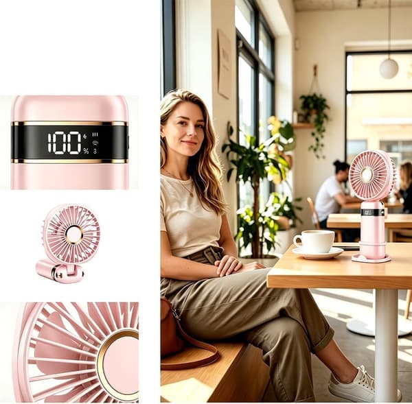 Bærbar ventilator, mini USB genopladelig ventilator med dobbelt anvendelse (hånd/bord) (Pink)