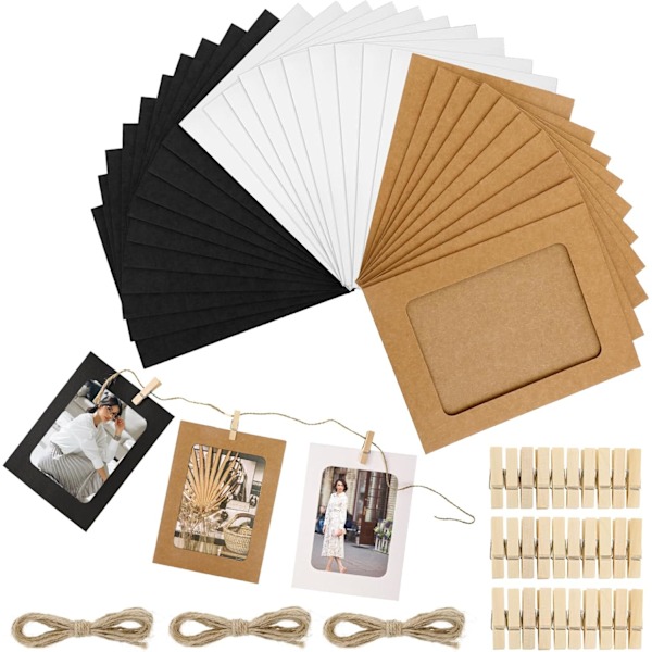 30 Pack Paper Picture Frames 4x6, DIY Cardboard Photo Hanging Display White/Black/Brown Paper Photo Frames with Clips and Strings