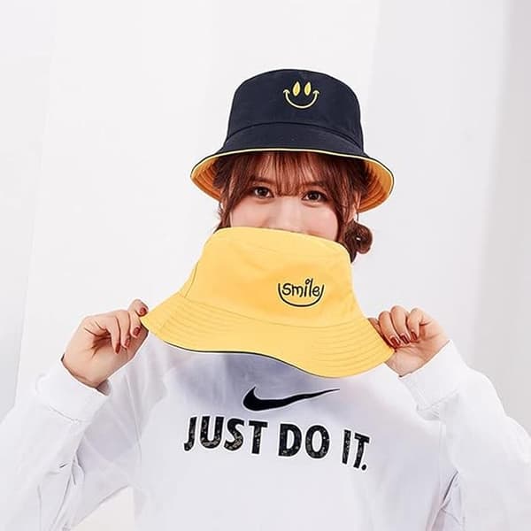 Fiskerhat, Dobbeltsidet Bucket Hat, Sammenfoldelig Solhat, Smiley