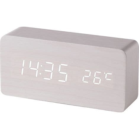 Vit digital väckarklocka i trä med LED-ljuskontroll