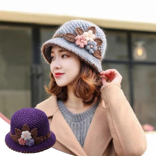 Vinter Dame Blomster Strikket Ullhatt Ørebeskyttelse Ullhatt For Eldre Strikket Hatt StretchFit PP