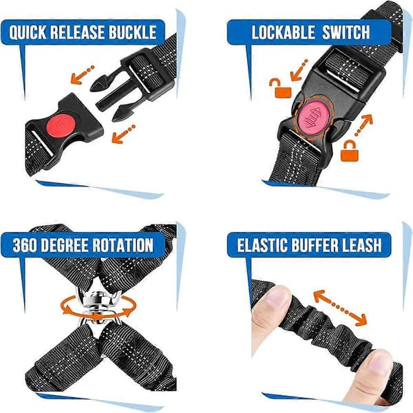 Hundsäkerhetsbälte för bil, justerbart hundsele med elastisk bungee-buffert, 2-i-1 husdjursfäste för hundsäkerhet Black