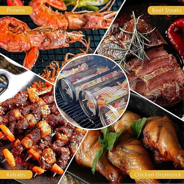 2 stk. rullende grillkurv til grill, rund rustfrit stål, bærbar udendørs campinggrill